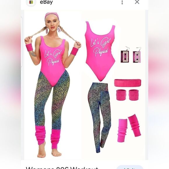 Womens 80s Workout Costumes Outfits “LETS GET PHYSICAL” size-Xlarge New in Packa - Picture 1 of 8